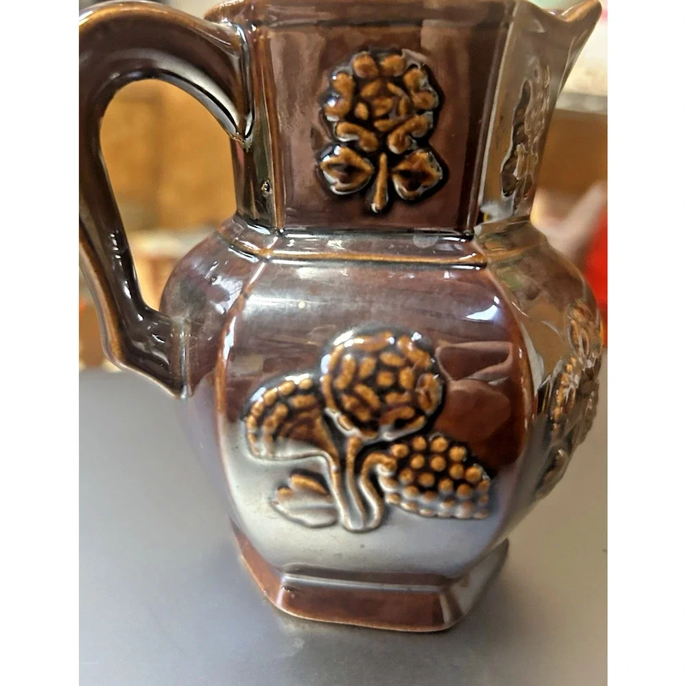 Vintage Norleans Japan Brown Embossed Ceramic Pitcher Creamer Grapes Mid Century